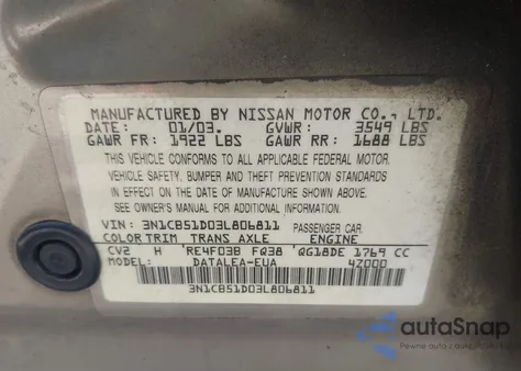 2003 Nissan Sentra Gxe из США, поврежденный, VIN 3N1CB51D03L806811